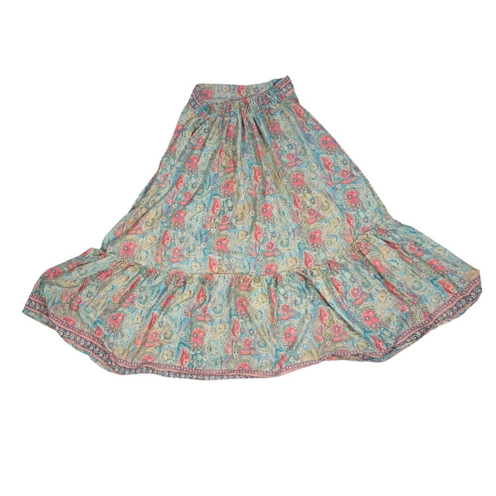 Vintage Paisley Maxi Skirt Womens Free Size Blue Pink Button Front Boho Slit - Picture 6 of 9